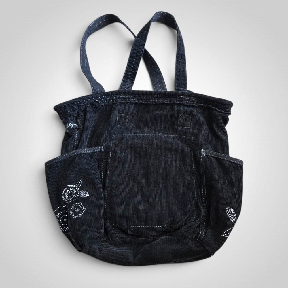 Thirty-One Retro Metro Tote Bag Black Corduroy Floral Embroidery Boho Large